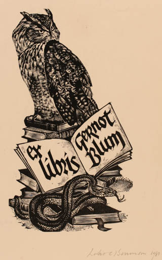 Exlibris by Leslie Benenson from Great Britain for Dr. Gernot Blum - Book Fauna Owl 