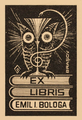 Exlibris by Levente Csutak from Romania for Dr. Emil I. Bologa - Book Fauna Owl 