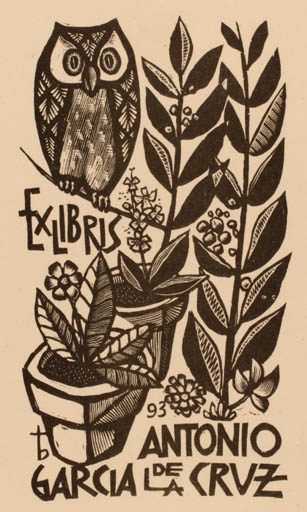 Exlibris by Oriol M. Divi from Spain for Antonio Garcia de la Cruz - Flora Owl 