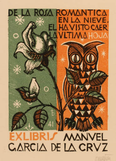 Exlibris by Oriol M. Divi from Spain for Manuel Garcia de la Cruz - Flower Owl 