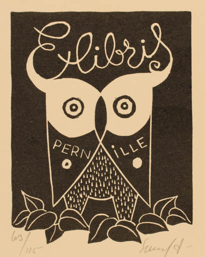 Exlibris by Svend P. Jørgensen from Denmark for ? Pernille - Owl 