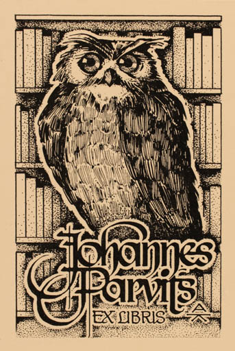 Exlibris by Arno Kalberg from Estonia for Johannes Parvits - Book Owl 