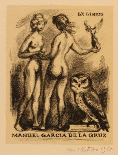 Exlibris by Emil Katrba from Czechoslovakia for Manuel Garcia de la Cruz - Woman Nude Owl 