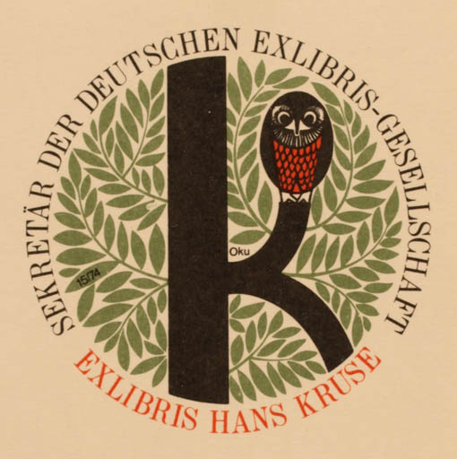 Exlibris by Otto Kuchenbauer from Germany for Hans Kruse - Owl 