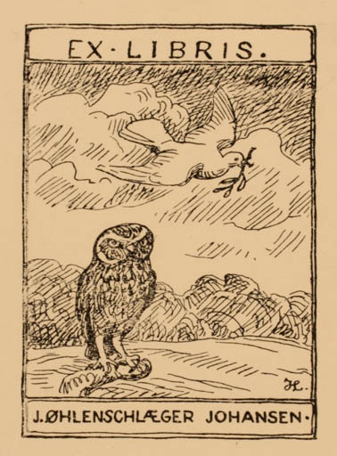 Exlibris by Johannes Larsen from Denmark for Øhlenschlæger J. Johansen - Bird Scenery/Landscape Owl 