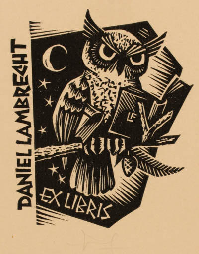 Exlibris by Frans Lasure from Belgium for Daniel Lambrecht - Book Owl 