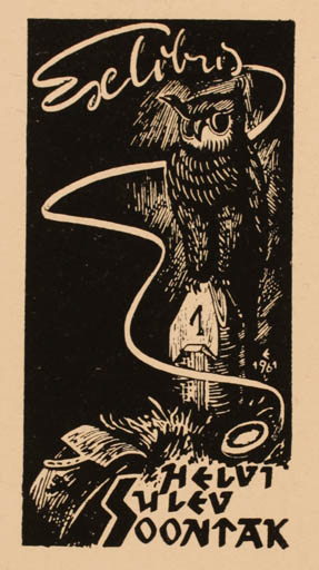 Exlibris by Eha Raudsepp- Liibeon from Estonia for Helvi Suler Soontak - Owl 