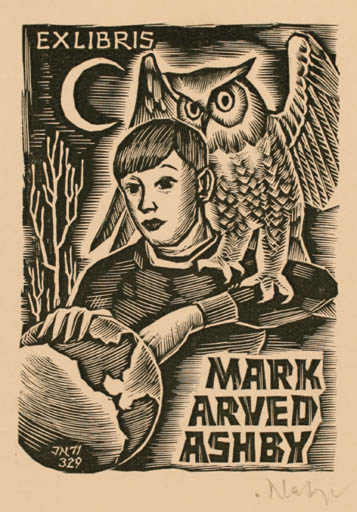 Exlibris by Johann Naha from Germany for Arved Ashby M. D. - Globe Man Owl 