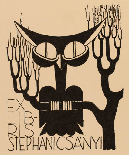 Exlibris by M Oberlander from Czechoslovakia for Stephani Csányi - Owl 