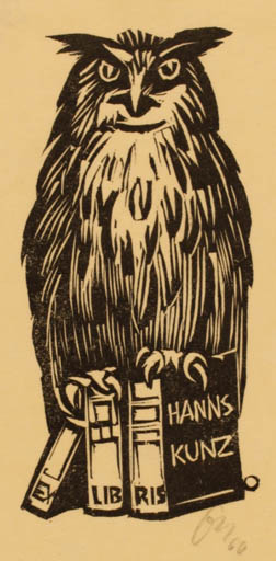 Exlibris by Herbert S. Ott from Germany for Hanns Kunz - Book Owl 