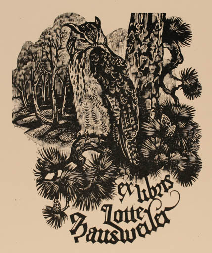 Exlibris by Leslie Benenson from Great Britain for Lotte Hausweiler - Owl 