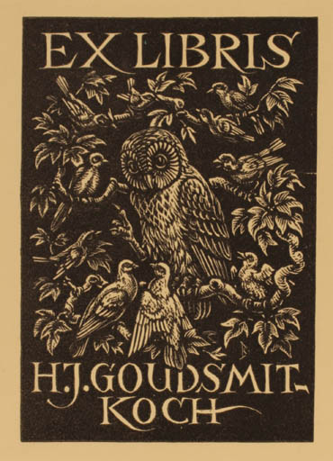 Exlibris by Nicolaas Bulder from Netherland for H.J. Goudsmit-Koch - Bird Owl 