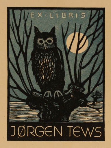 Exlibris by Hans Michael Bungter from Germany for Jørgen Tews - Owl 