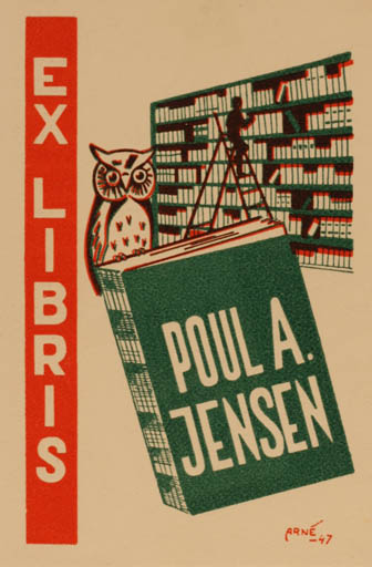 Exlibris by Arne Christensen from Denmark for Poul A. Jensen - Book Owl 