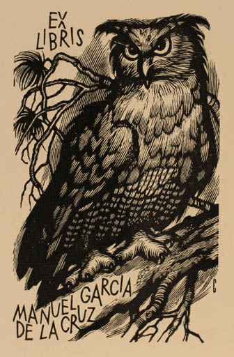 Exlibris by Vojtech Cinybulk from Czechoslovakia for Manuel Garcia de la Cruz - Owl 