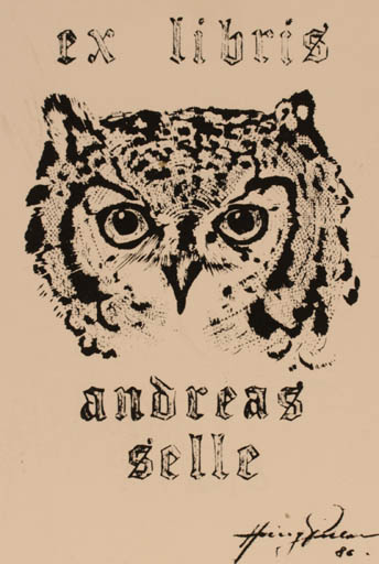 Exlibris by Heinz Pulon from Namibia for Andreas Selle - Owl 