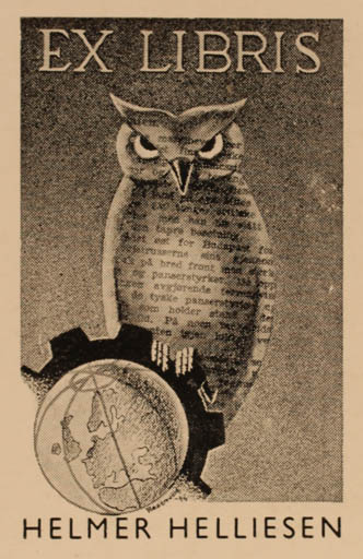 Exlibris by ? Rosenvold from Norway for Helmer Helliesen - Globe Owl 