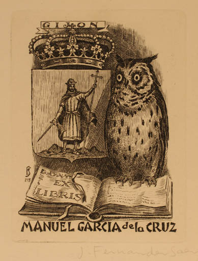 Exlibris by Julio Fernandez Saez from Spain for Manuel Garcia de la Cruz - Book Owl 