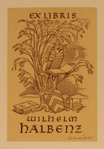 Exlibris by Fritz Schreiber from Germany for Wilhelm Halbenz - Book Tree Owl 