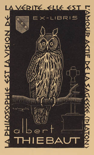 Exlibris by Raymond Simonin from France for Albert Thiebaut - Owl 