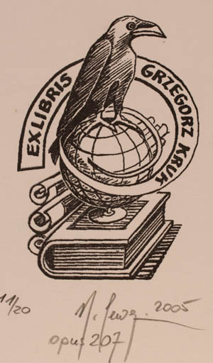 Exlibris by Malgorzaty Seweryn from Poland for Grzegorz Kruk - Book Bird Globe 