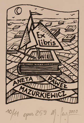 Exlibris by Malgorzaty Seweryn from Poland for Aneta & Pawel Mazurkiewicz - Book Ship/Boat 