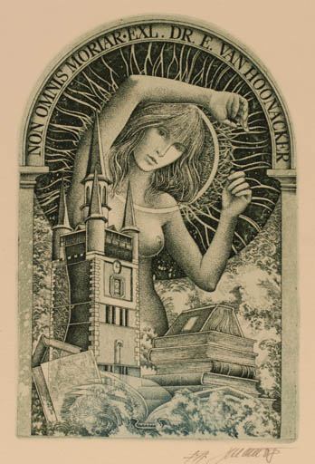 Exlibris by Josef Dudek from Czechoslovakia for Dr. E. Van Hoonacker - Book Castle/Palace Woman 