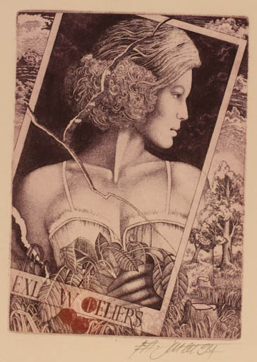 Exlibris by Josef Dudek from Czechoslovakia for W Eliers - Woman Scenery/Landscape Portrait 