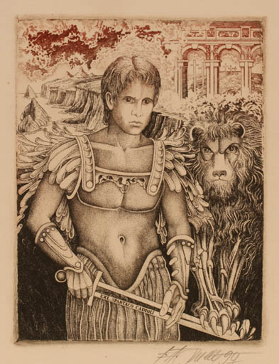 Exlibris by Josef Dudek from Czechoslovakia for Spartaco Cadioli - Classical antiquity Fauna Man Mythology Weapon 