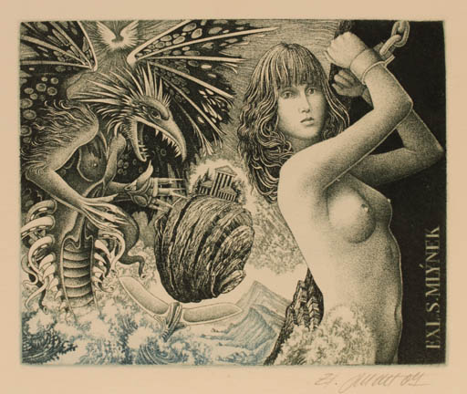 Exlibris by Josef Dudek from Czechoslovakia for S Mlýnek - Fable Animal Woman Surrealism 