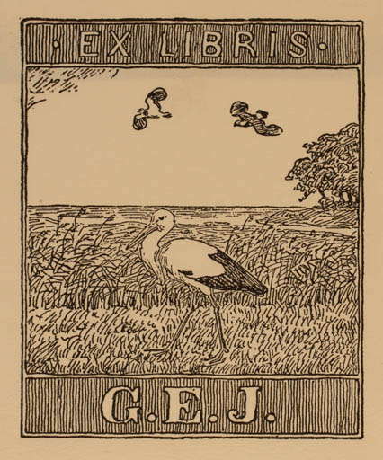 Exlibris by Johannes Larsen from Denmark for ? G.E.J. - Bird Scenery/Landscape 