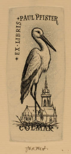 Exlibris by Jòszef Vertel from Hungary for Paul Pfister - Fauna Bird Church 