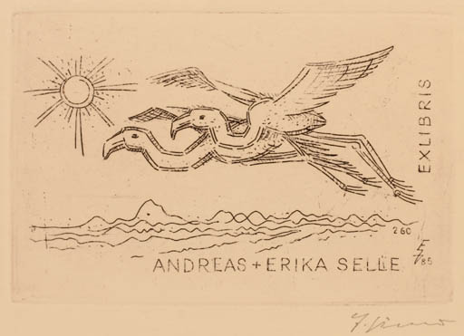 Exlibris by Erhard Zierold from Germany for Erika & Andreas Selle - Bird Sun 