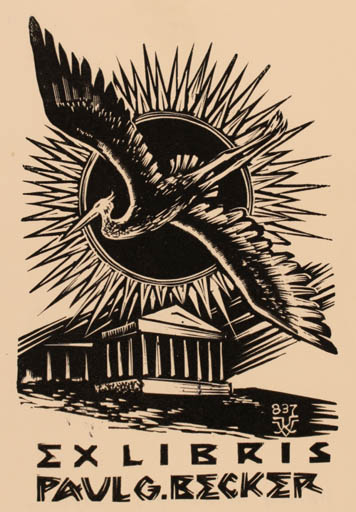 Exlibris by Kàroly Vàroknyi from Hungary for Paul G. Becker - Classical antiquity Bird Bird Phoenix Sun 