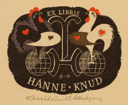 Exlibris by Christian Blæsbjerg from Denmark for Hanne & Knud Maishauge - Bird Globe 