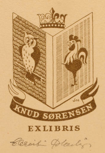 Exlibris by Christian Blæsbjerg from Denmark for Knud Sørensen - Book Bird Owl 