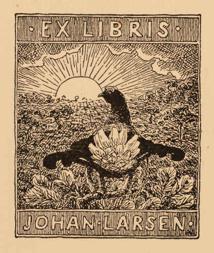 Exlibris by Johannes Larsen from Denmark for Johan Larsen - Bird Scenery/Landscape Sun 