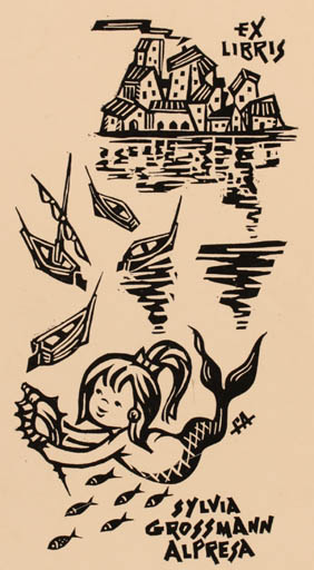 Exlibris by Frank Alpresa from Spain for Grossmann Sylvia Alpresa - Fish Mermaid Ship/Boat 