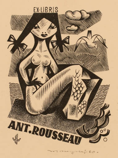 Exlibris by Wojciech Barylski from Poland for Antoine Rousseau - Mermaid 