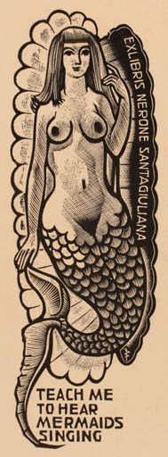 Exlibris by Jan Battermann from Netherland for Dr. Nerone Santagiuliana - Mermaid 