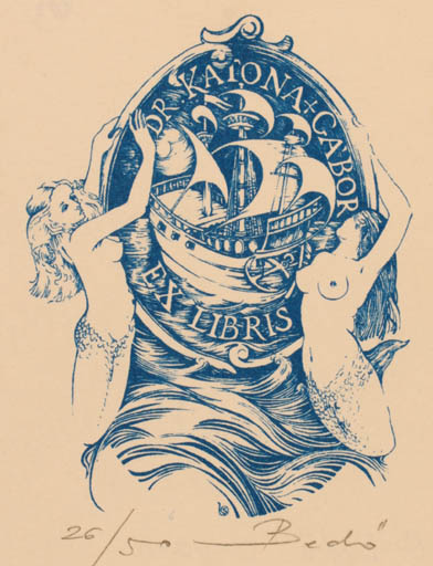 Exlibris by S Bedö from Hungary for Dr. Katona Gabòr - Mermaid Ship/Boat 