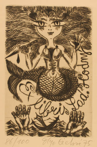 Exlibris by Olga Cechova from Czechoslovakia for Ladislav Hodny - Mermaid Hand(s) 