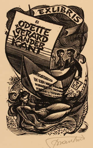 Exlibris by Frank-Ivo van Damme from Belgium for Odette & Gerad Vanderkant - Mermaid Woman Man Ship/Boat 