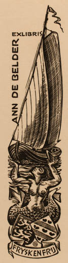 Exlibris by Gerard Gaudaen from Belgium for Ann De Belder - Mermaid Ship/Boat 