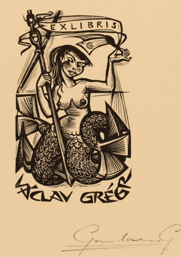 Exlibris by Gerard Gaudaen from Belgium for Vaclav Gregr - Mermaid 