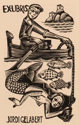 Exlibris by Antoni Galabert from Spain for Jordi Gelabert - Fish Mermaid Man Ship/Boat 