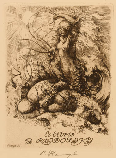 Exlibris by Petr Hampl from Czechoslovakia for J. Rasdolsky - Mermaid 