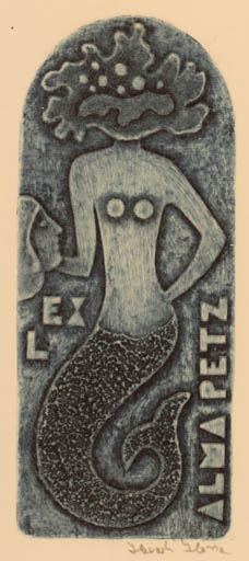 Exlibris by Ilona Havasch from Romania for Alma Petz - Mermaid 