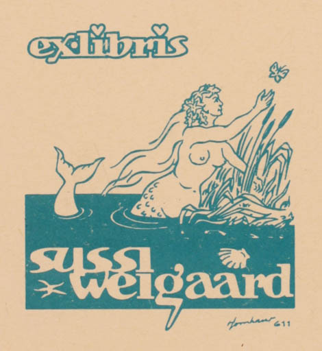 Exlibris by Hans Chr. Hornhaver from Denmark for Sussi Weigaard - Mermaid 