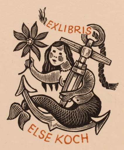 Exlibris by Hermann Huffert from Germany for Else Koch - Mermaid 